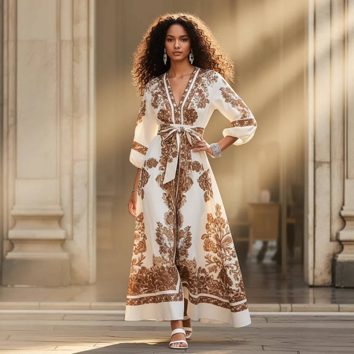 Elegant Printed V-Neck Dress With Puffed Sleeves