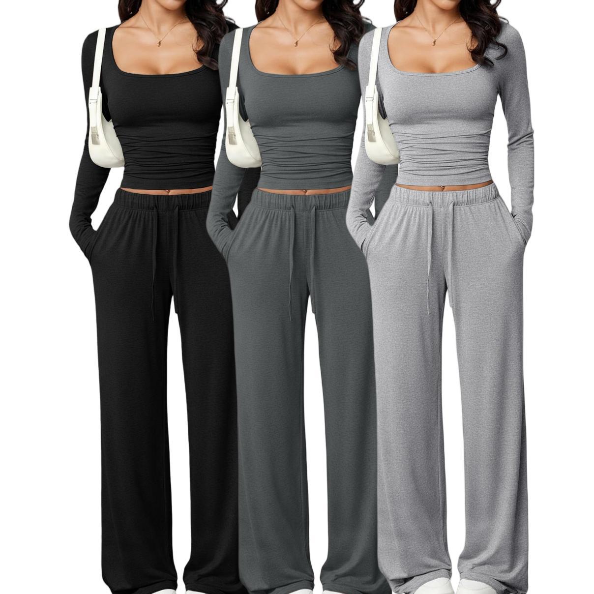 Womens Casual Pants And Square Neck Long Sleeve Cropped Top Set