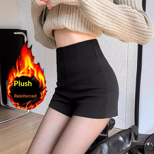 Black Thickened And Fleece-lined Shorts For Women Autumnwinter Petite Style High Waist