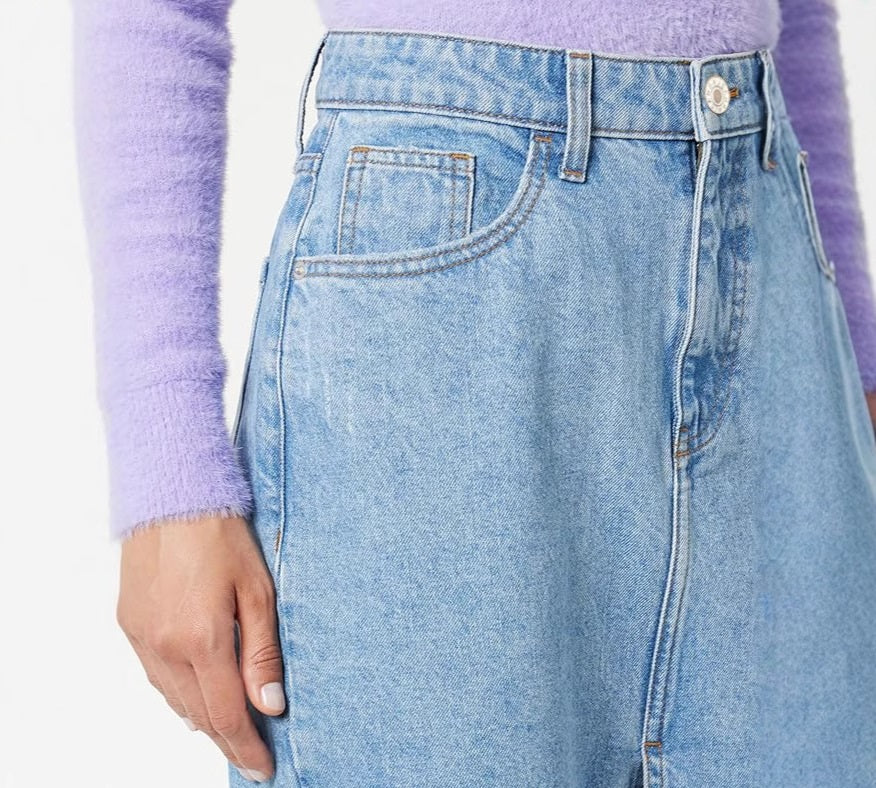 Womens Denim Irregular-Slit High-Waisted Maxi Skirt