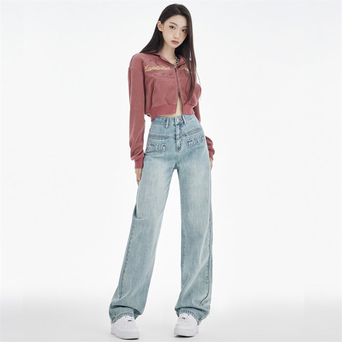 Dame Straight Jeans Mørkeblå Broderede Bogstaver