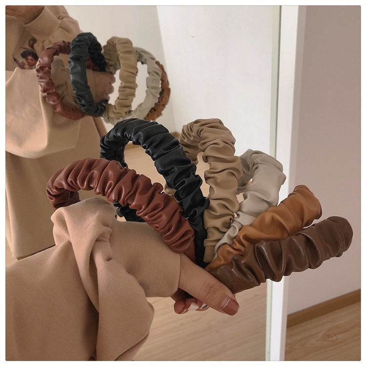 French High-end PU Leather Pleated Headband