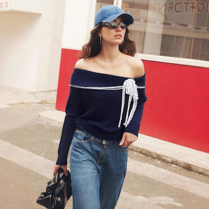 Dame off-shoulder afslappet sød kontrastfarvet sweater med kvaster og lange ærmer