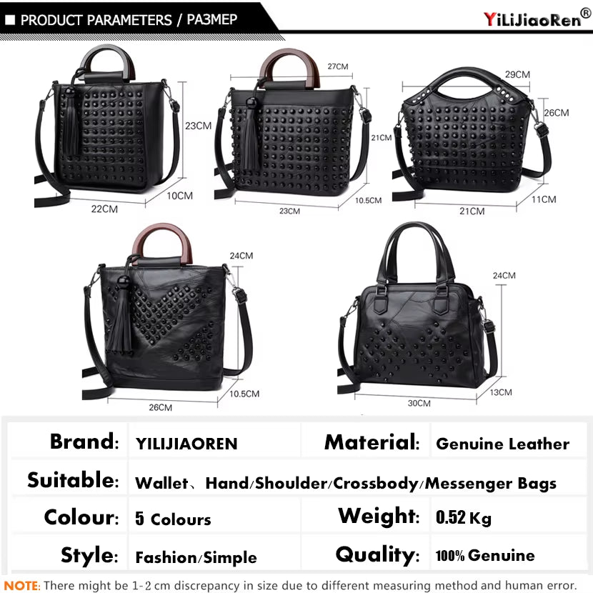 Luxury Sheepskin Leather Handbag for Women with Rivet Detailing - Designer Tote and Crossbody Messenger Bags