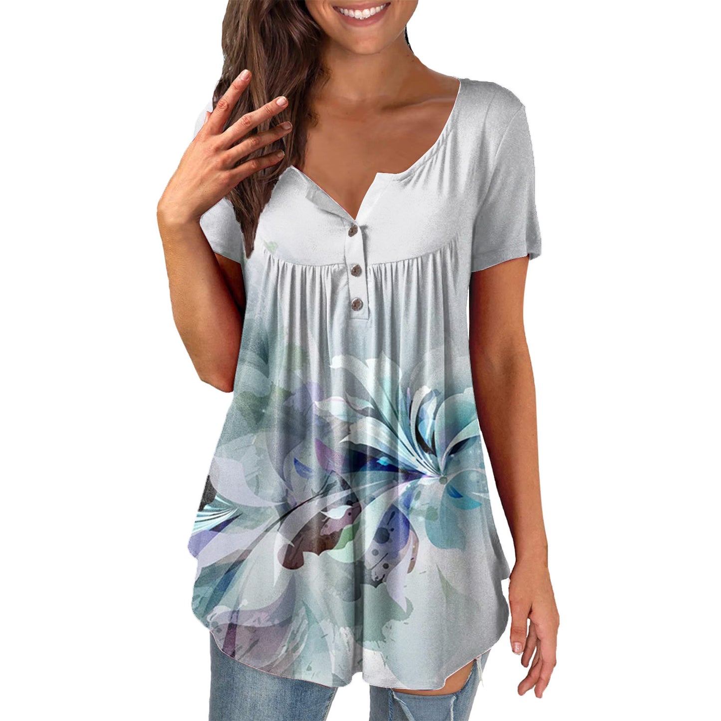 Ladies' Printed Ruffled Pullover Short Sleeve