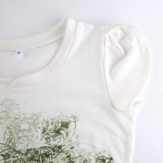 Europæisk og amerikansk retro print slim rundhalset kort T-shirt top