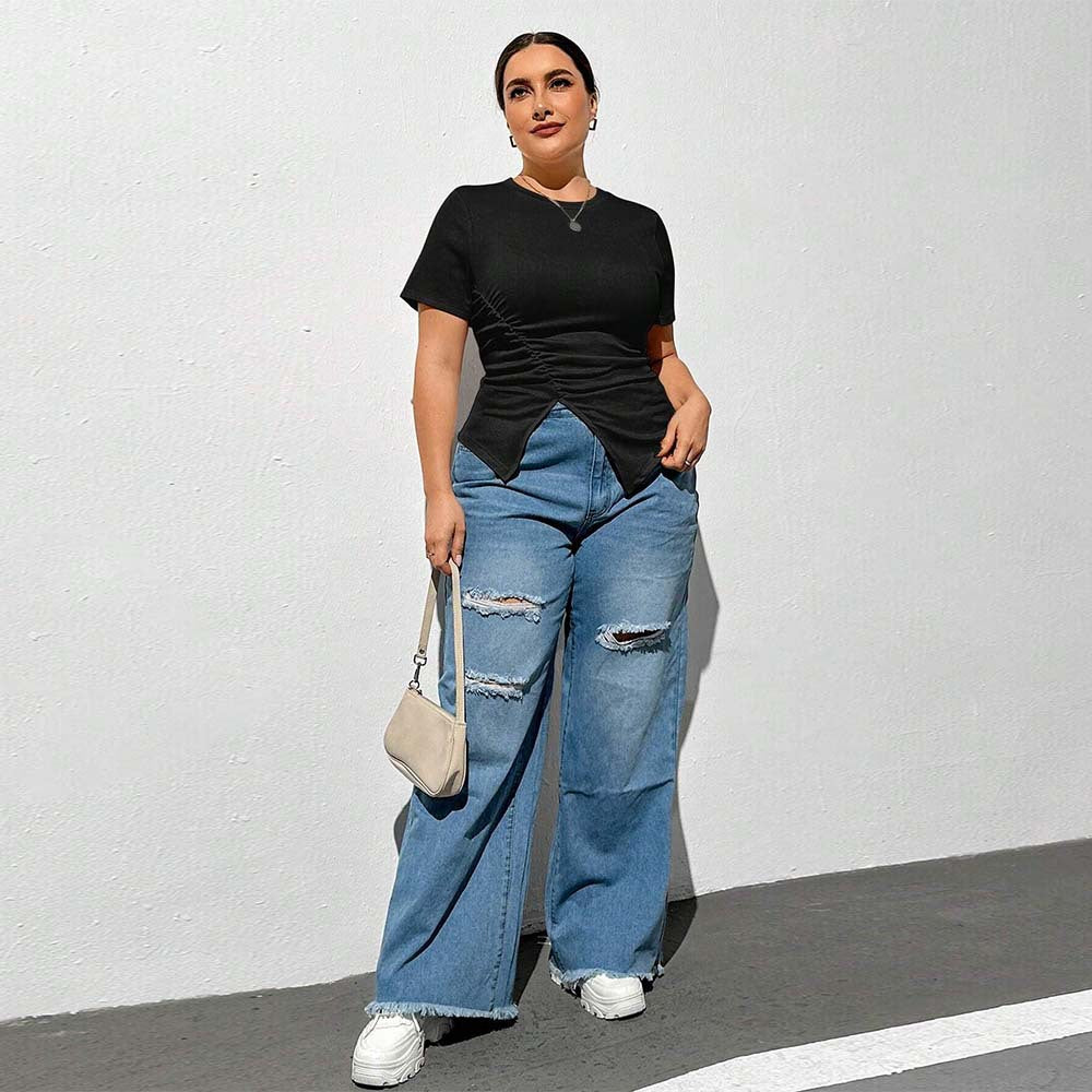 Simple Style New Round Neck Solid Color Short Sleeve Slit T-shirt