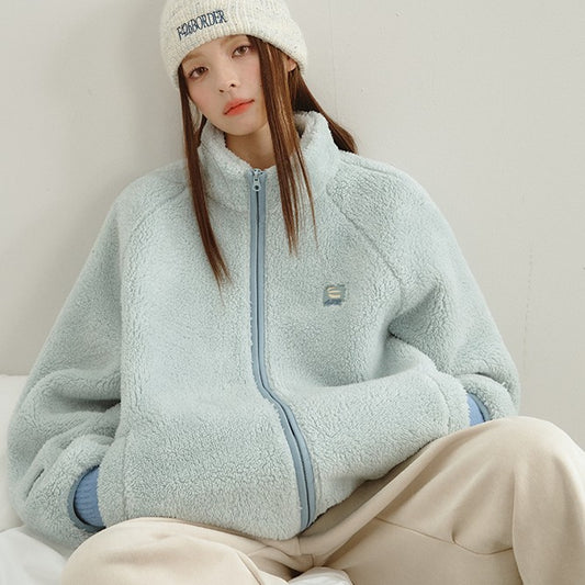 Loose Contrasting Color Edging Comfortable Cotton Plush Jacket