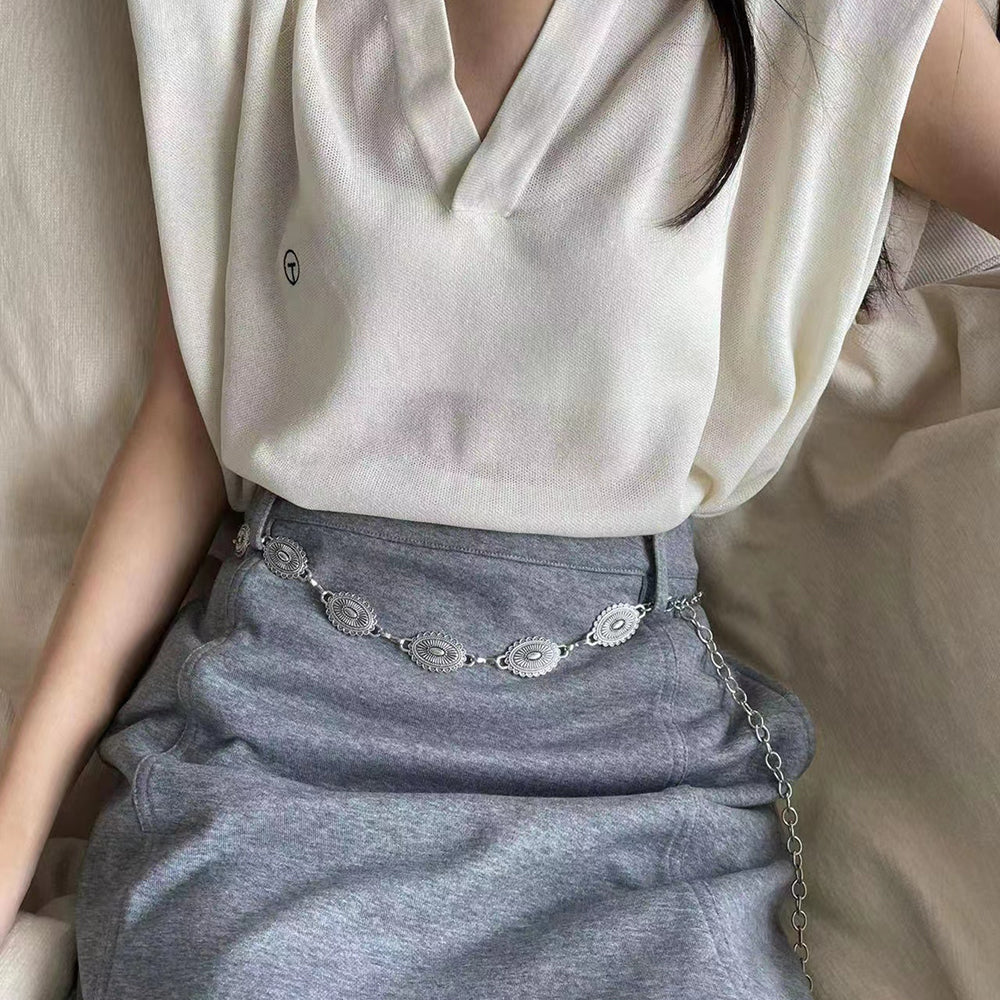 Retro National Style Carved Ancient Gold And Silver Metal Waist Chain Sexy Elegant Women's Dress Senior Sense Decorative Belt