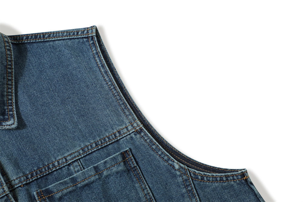 Denim Vest Man Loose All-match Casual Waistcoat Pocket Deconstruction Stitching Topstitching Waistcoat
