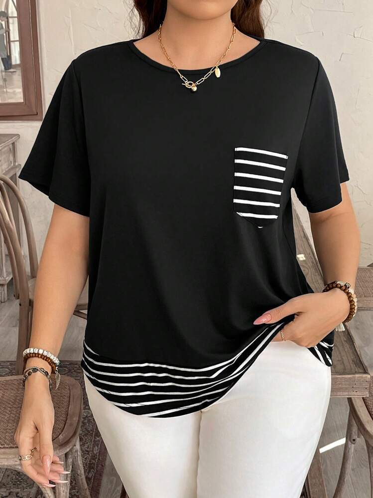 Patchwork Stripes Round Neck Loose Short Sleeves Fake Two-piece Top