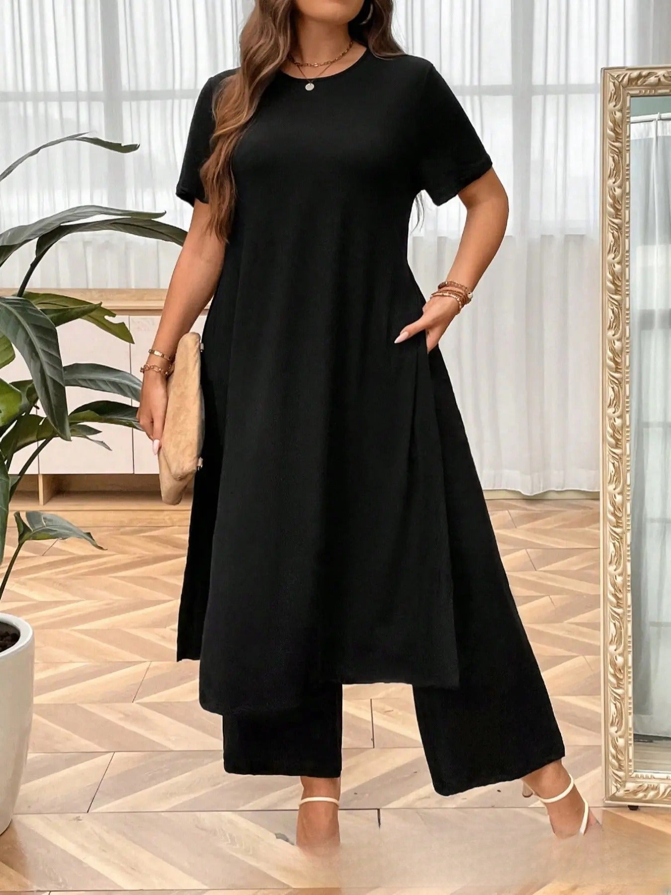 Plus Size Set Slit Top Wide Leg Pants