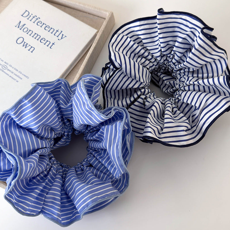 Sweet Blue Striped Double-layer Large Intestine Hair Ring All-match Hair Accessories