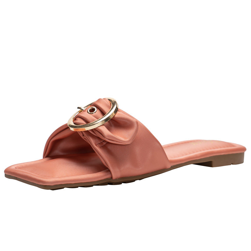 Korean Style Fashion Belt Buckle Flat Heel Women's Shoes Solid Color Square Toe Sandals