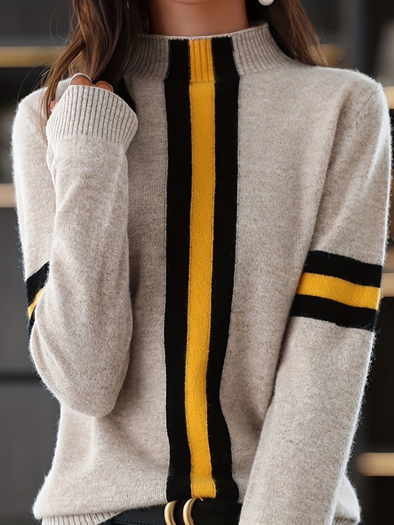Women's Semi-High Neck Color-Block Elegant Knit Sweater