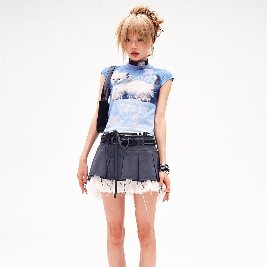 Vintage Print Round Neck Slim-fit Tops Women