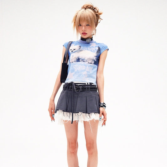 Vintage Print Round Neck Slim-fit Tops Women