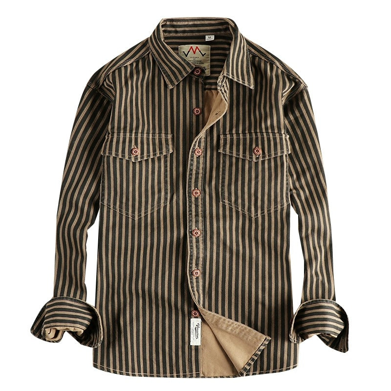 American Retro Trend Stripes Men's Long-sleeved Shirt Woven Cotton Washed Comfort And Casual Overalls
