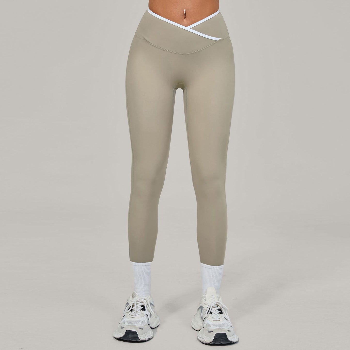 Bare-feel Tight Cross-over High-waist Contrast-color Leggings