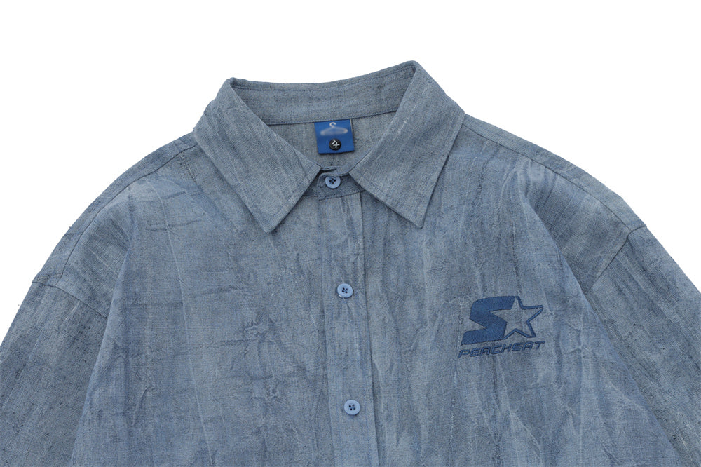 Simple Embroidered Linen Cotton Distressed Shirt For Men