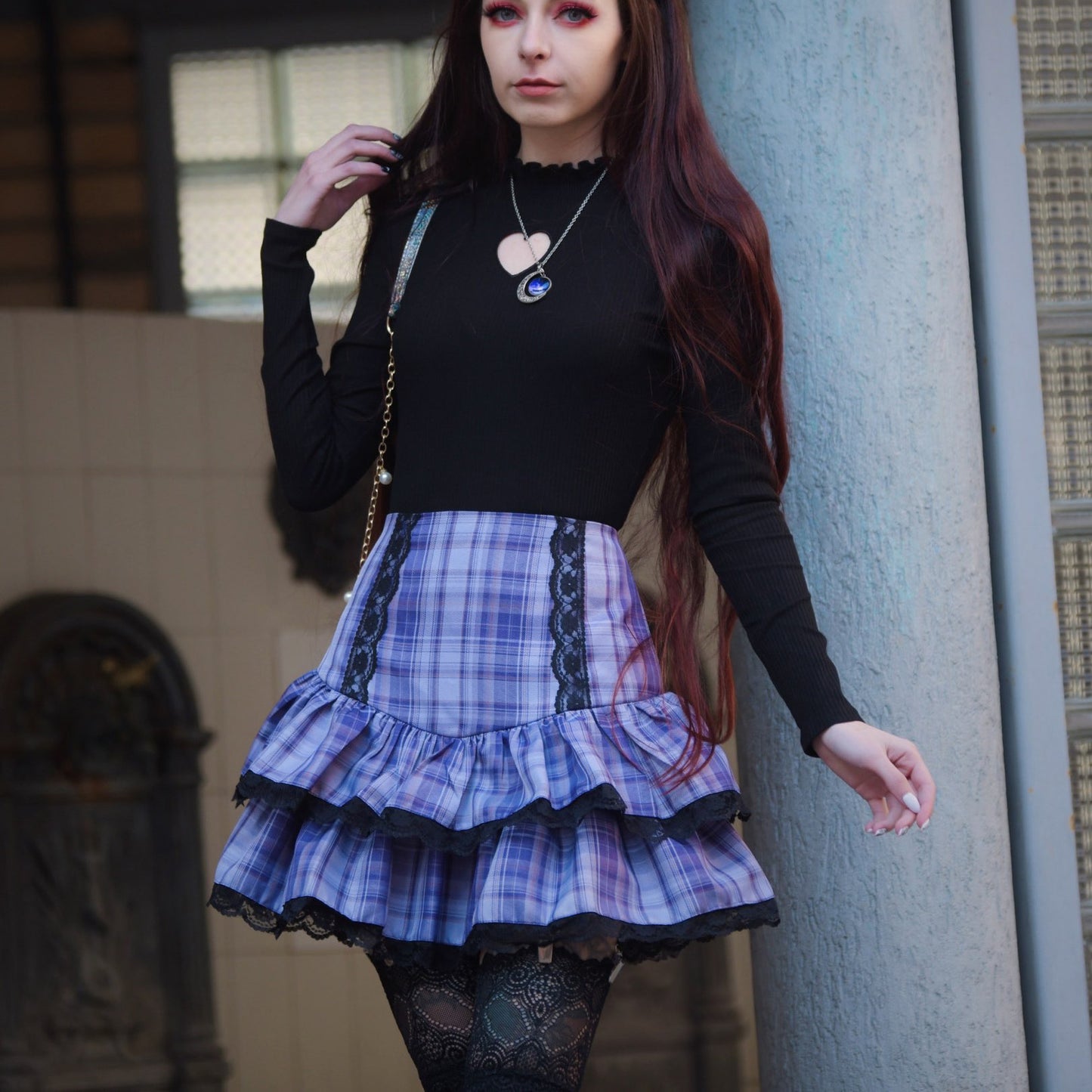 Lace Plaid High Waisted Pleated Skirt