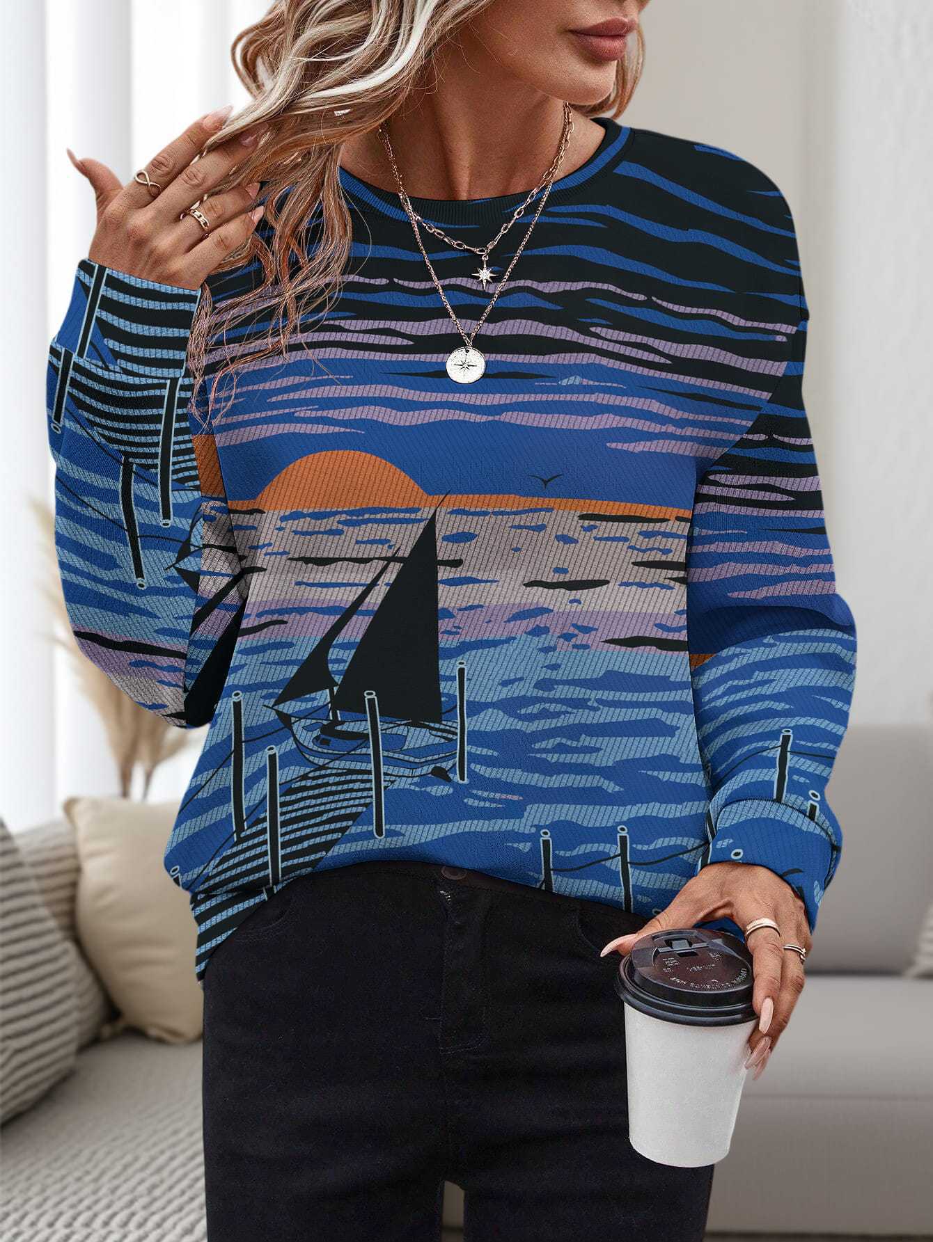 Dame 3D-printet rundhalset pullover, løs fritidstrøje