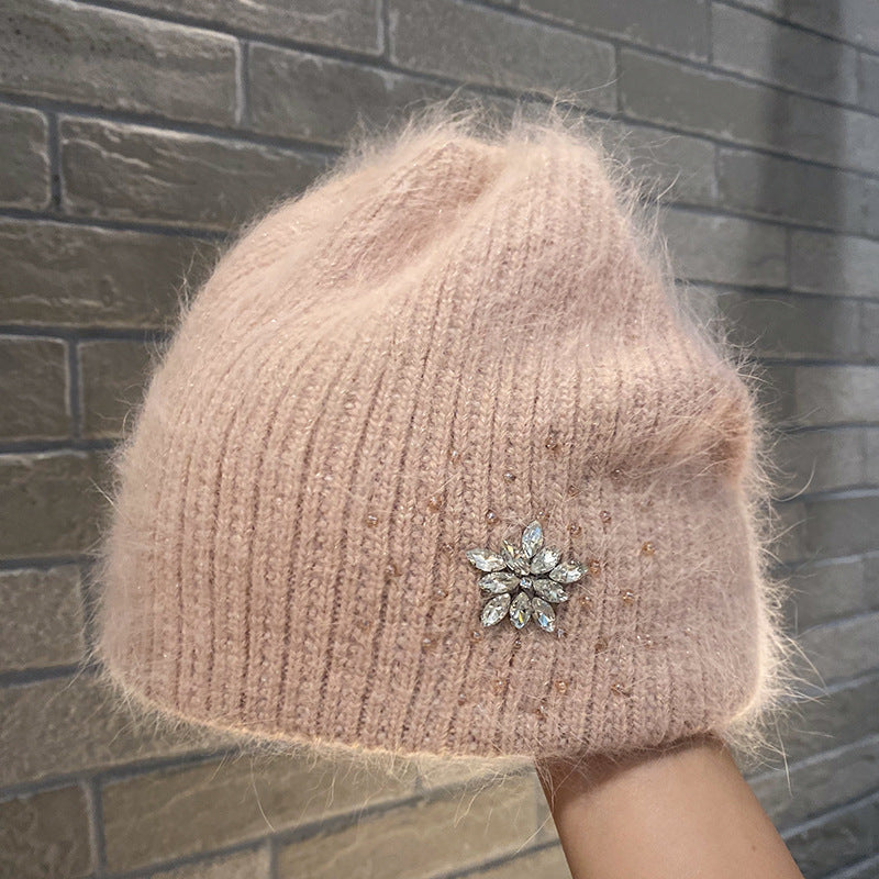 Women's Rabbit Hair Knitted Hat Thickened Warm Rhinestone Flowers