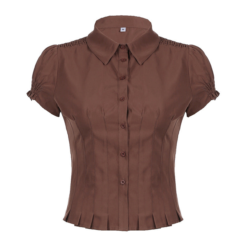 Sweet And Spicy Niche Style Lapel Puff Sleeve Shirt Design Sense Pleat And Waisted