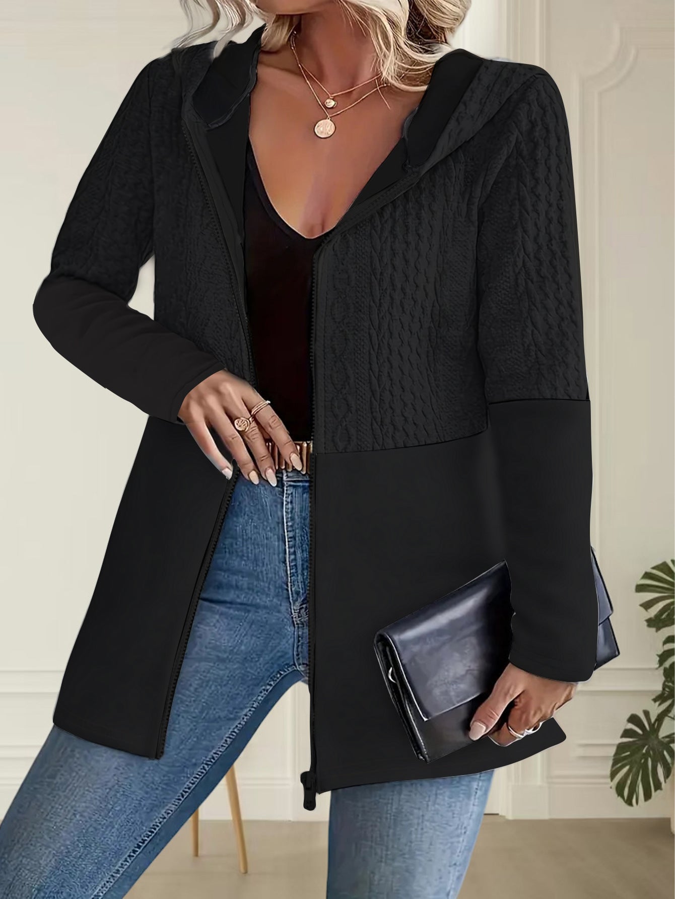 Womens AutumnWinter Solid-Color Ripple-Panel Casual Loose Hooded Jacket Coat
