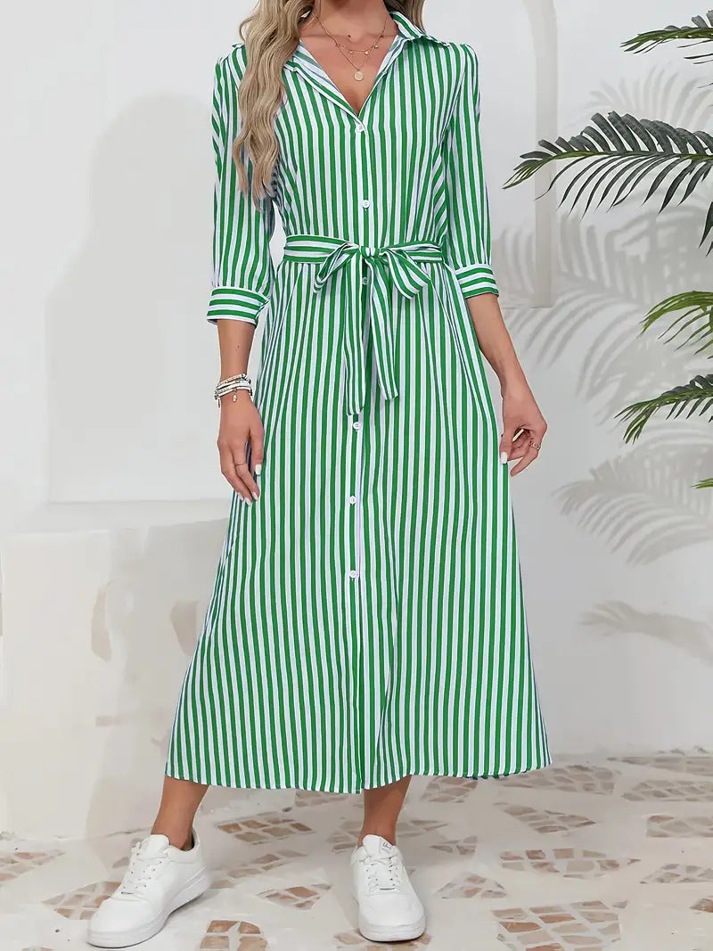 Womens Fashion Striped Cardigan Lapel Shirt Dress