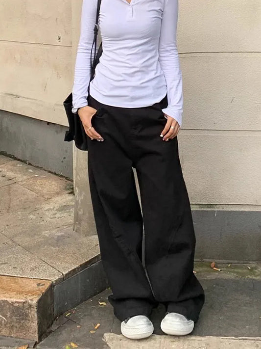 Black Machete Jeans Women's Retro High Waist Straight Mopping Pants