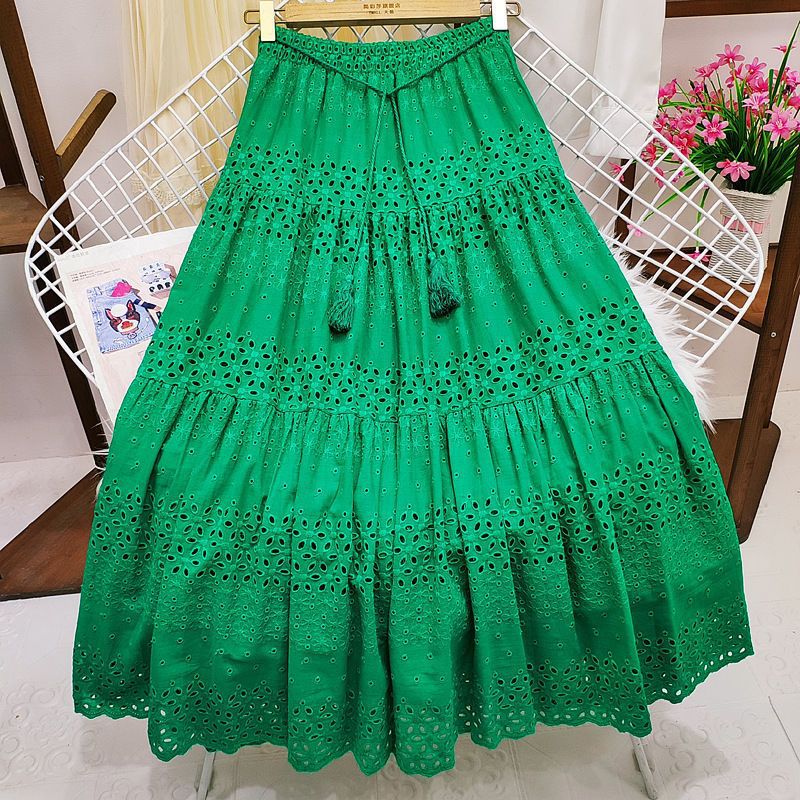 High Waist Stitching Crocheted Fairy Large Swing A- Line Mid-length