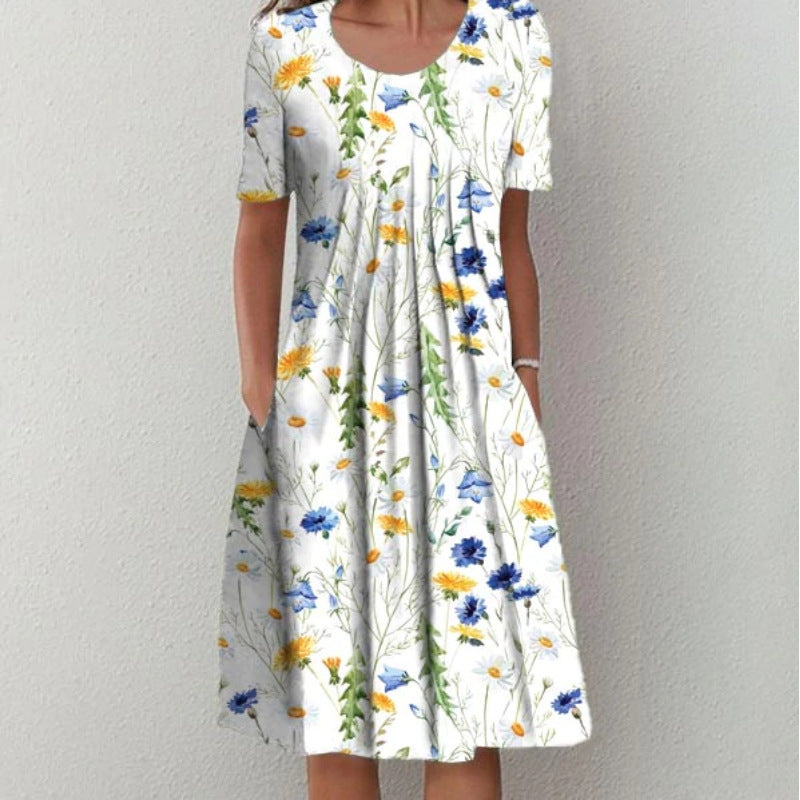 Spring And Summer Women's Elegant Large Swing Round Neck Printed Short Sleeve Dress
