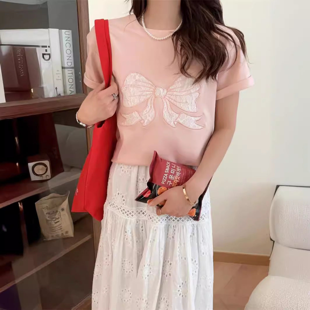 Base Cotton Water-washing Embroidery Bow Student Short Sleeve