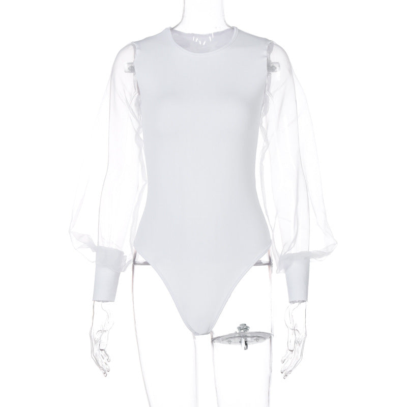 Fashion Stitching Mesh See-through Long Sleeve Round Neck Jumpsuit
