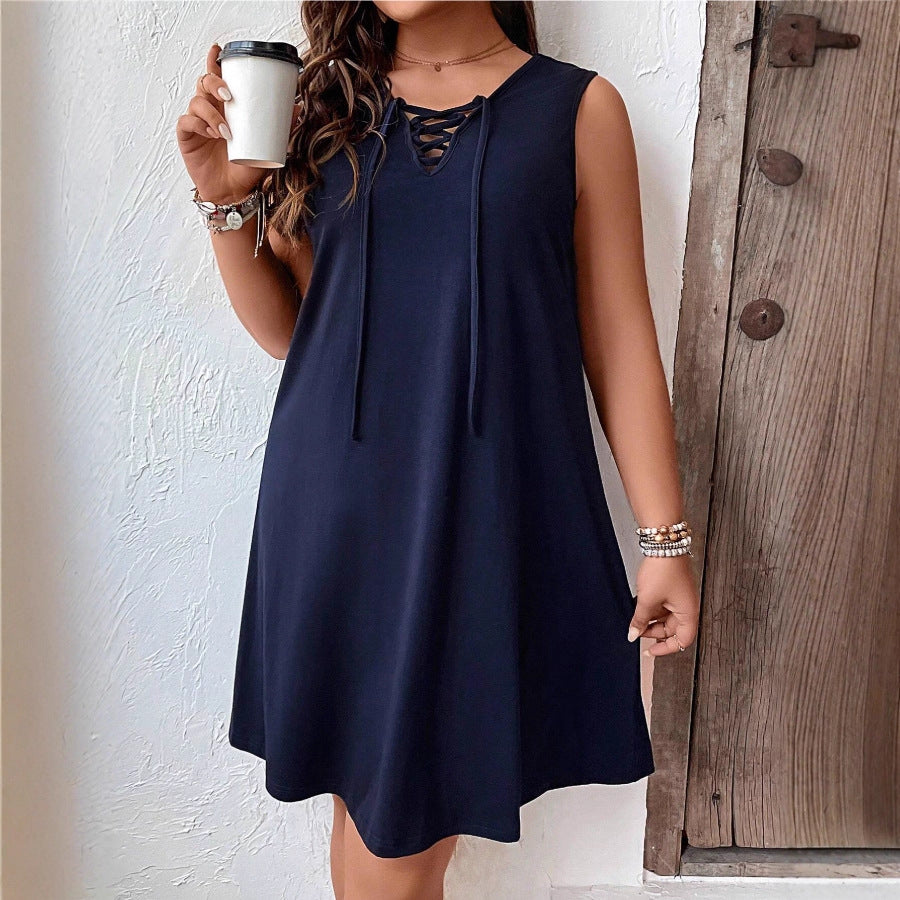 Lace-up Loose Sleeveless Vest Dress Casual Front Tie Design
