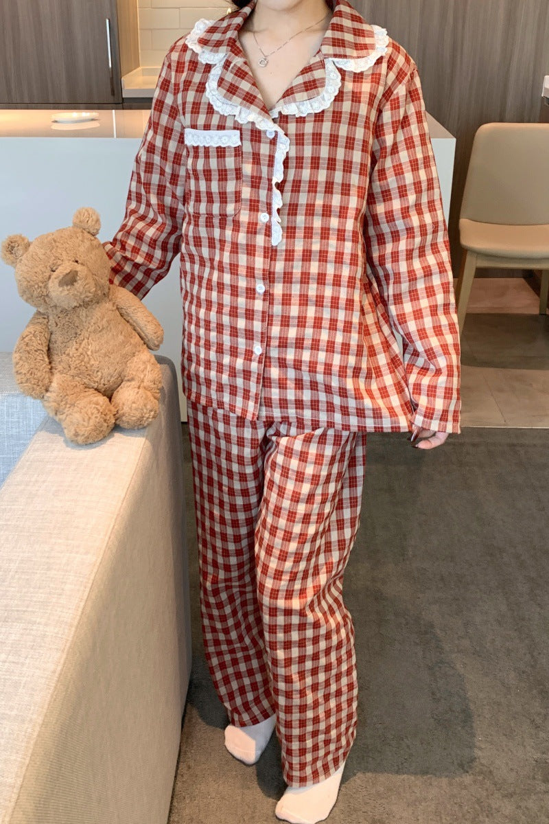 Pure Cotton Plaid AutumnWinter Long-Sleeve Pants Loungewear Set