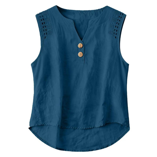 Solid-color V-neck Hollow-out Button Cotton-linen Short-sleeve Top Shirt