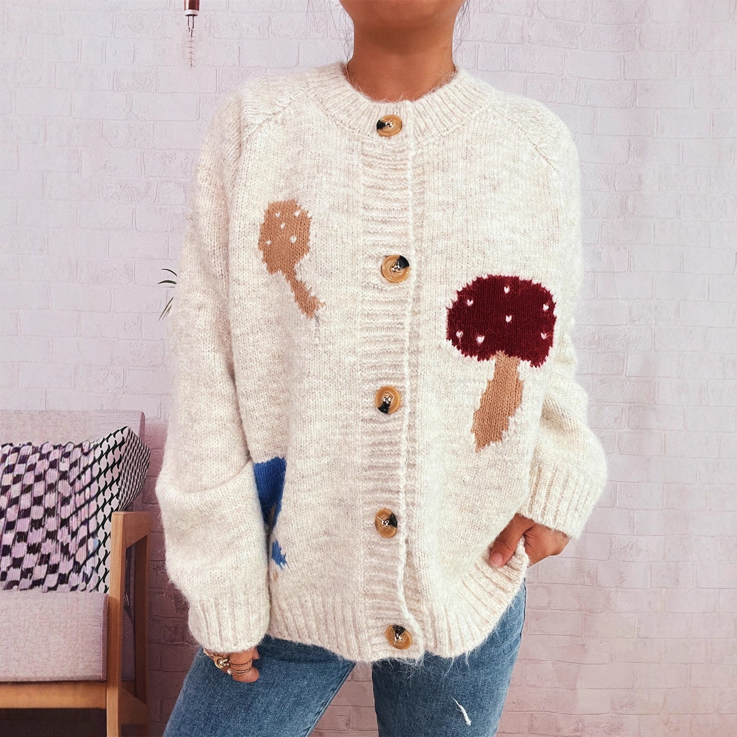 Mushroom Jacquard Contrast Color Knitted Coat Casual Loose Sweater
