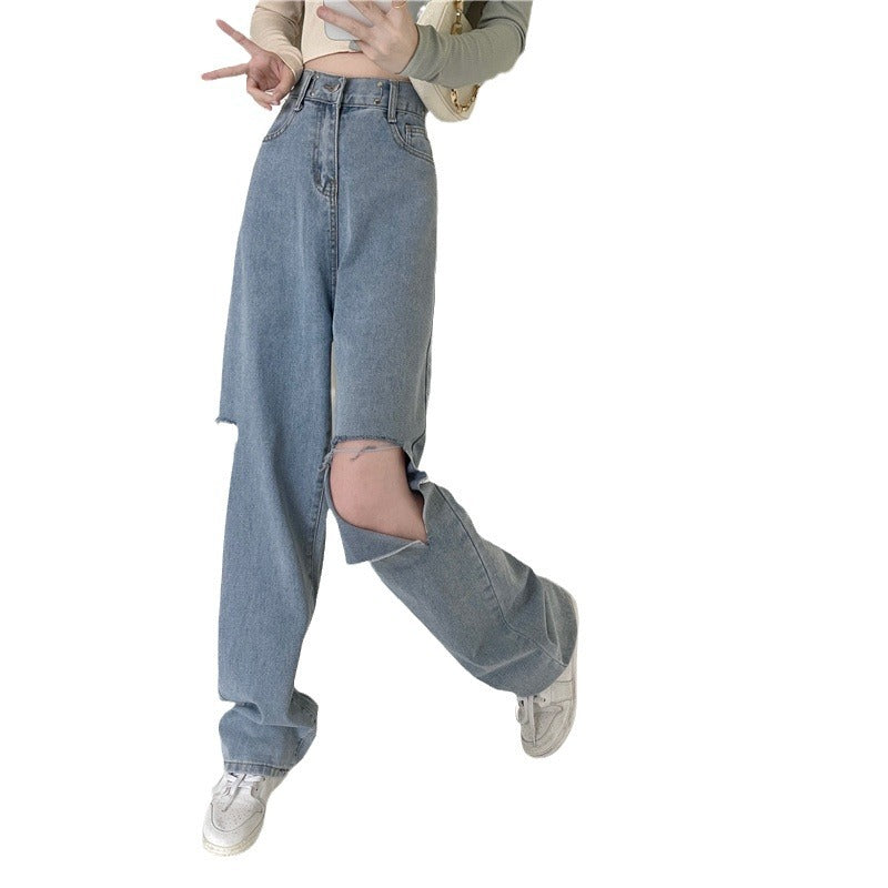 Ripped Jeans med Lige Pasform, Høj Talje og Løs Pasform, Flatterende