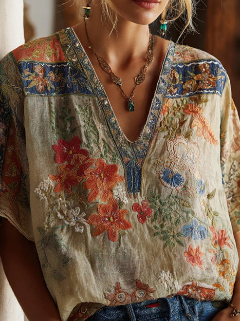 Bohemian Floral Pattern Vintage V-neck T-Shirt