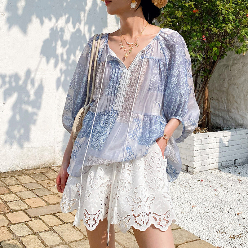 Printed Vacation-Style Blouse Womens Bohemian Sun-Protective Top