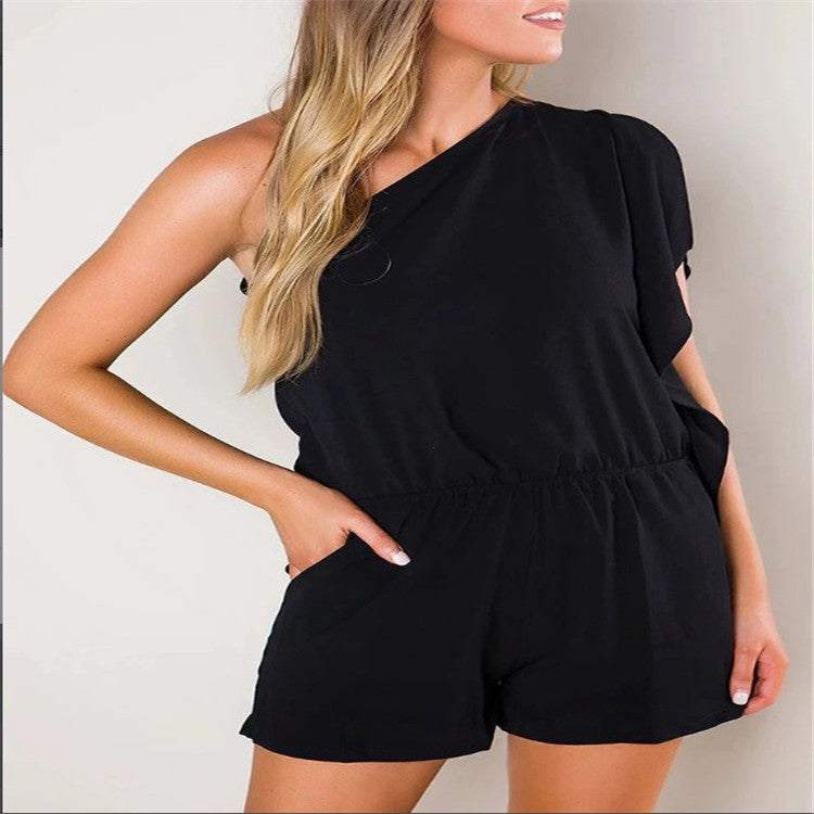 New European And American-style Solid-color One-shoulder Jumpsuit Shorts