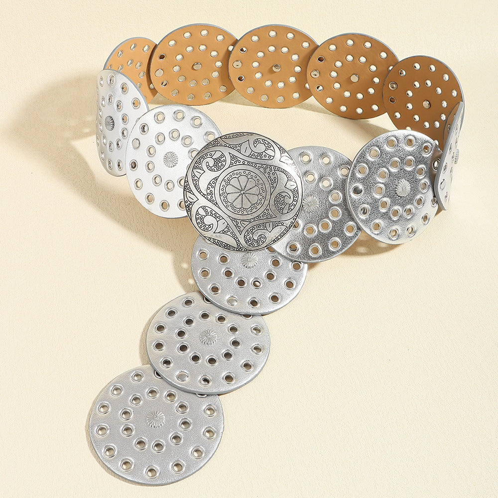 Retro Women's Round Hollow Metal Wide Belt