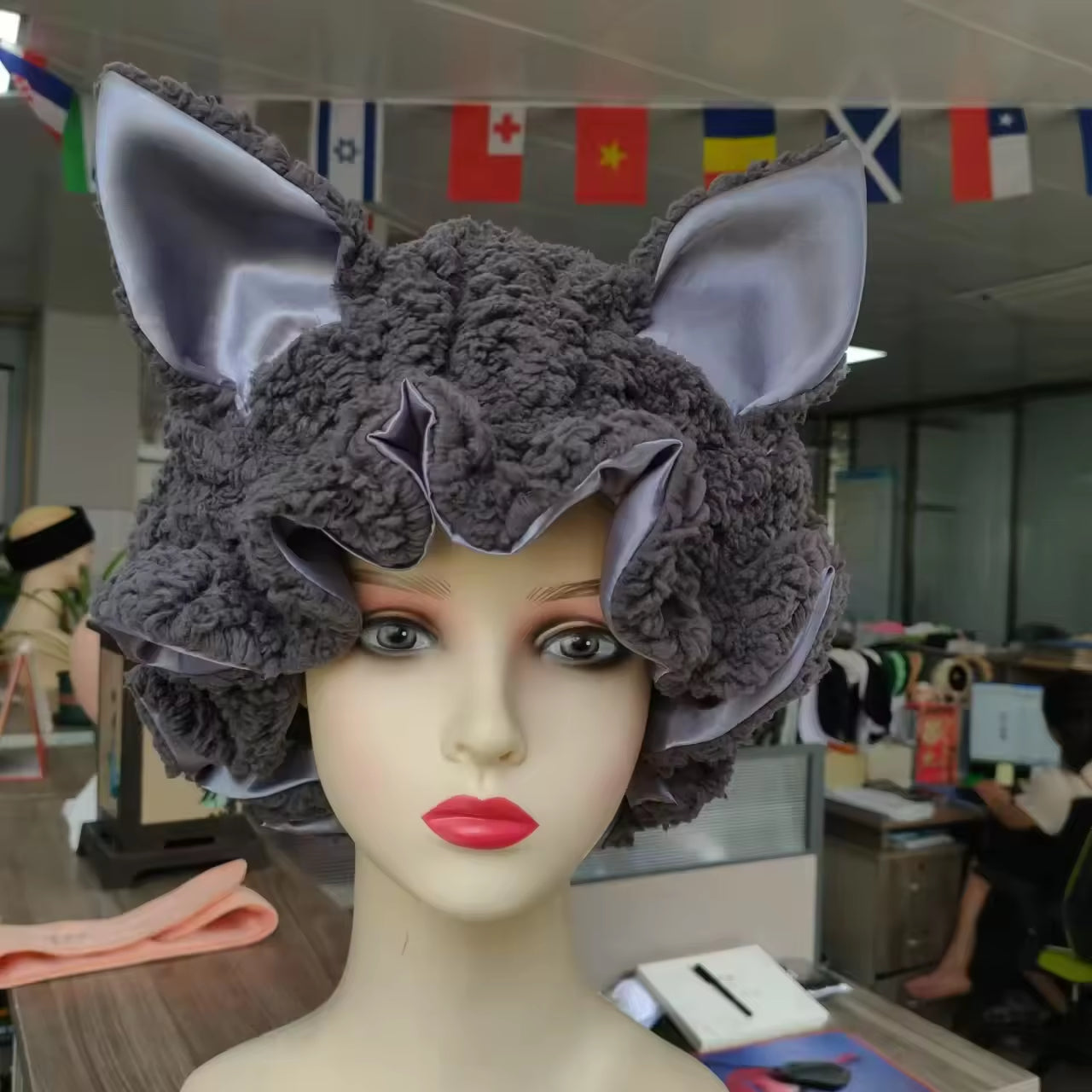 Cat Ear Bow Cashmere Sleeper Hat Adjustable Plush Hat