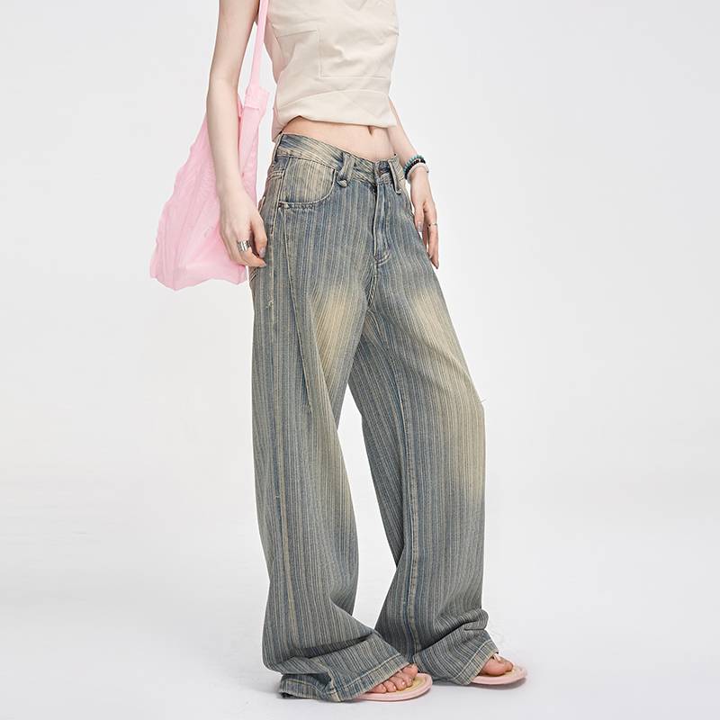 Retro Light-colored Distressed Low-rise Striped Jeans