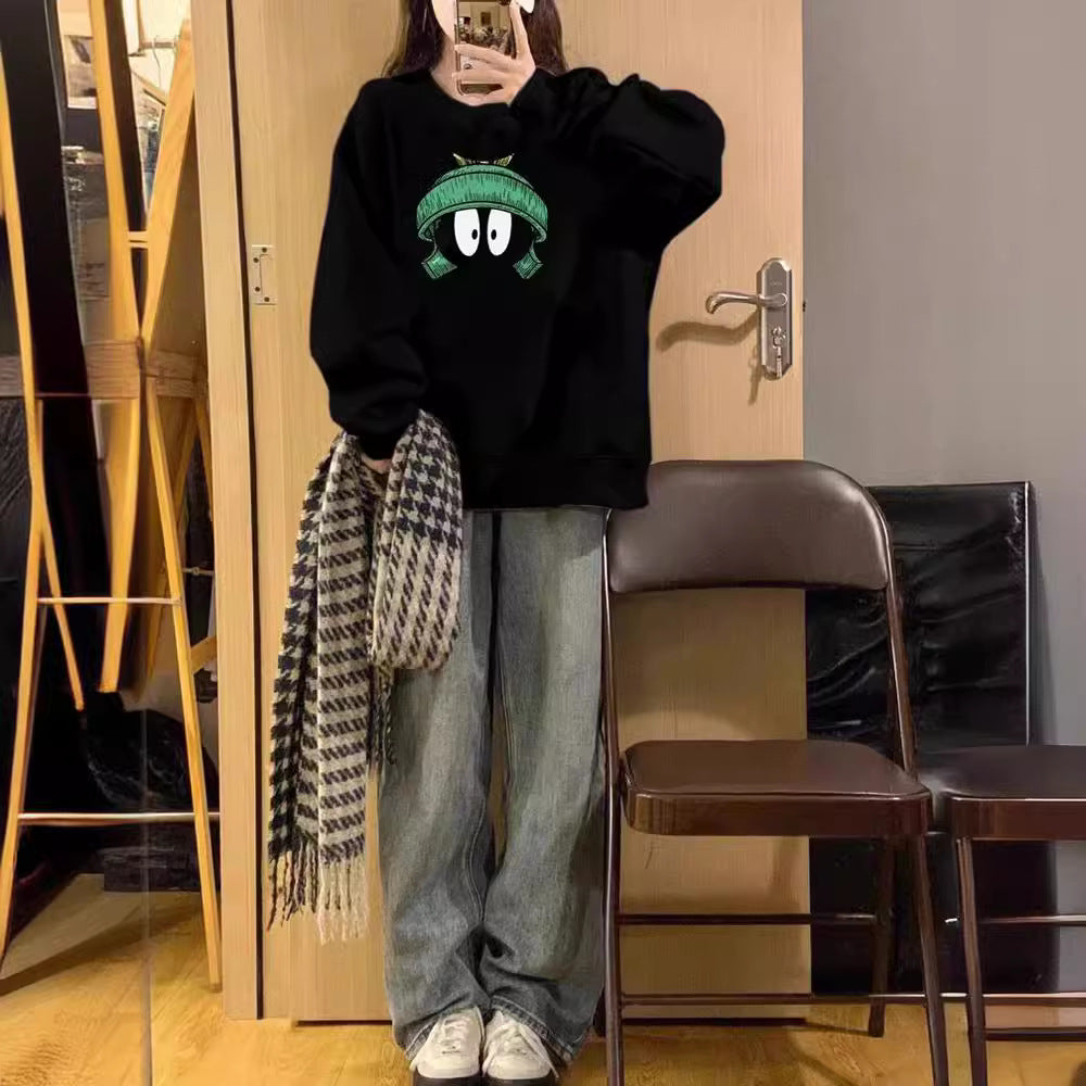 Autumn And Winter New Round Neck Loose Casual Fleece-lined Hoodless Sweater Women
