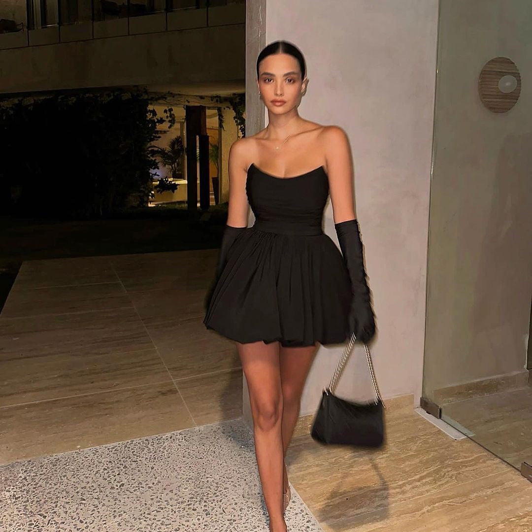 Tube Top Short Skirt Hepburn-style Pleated Little Black A-line Dress