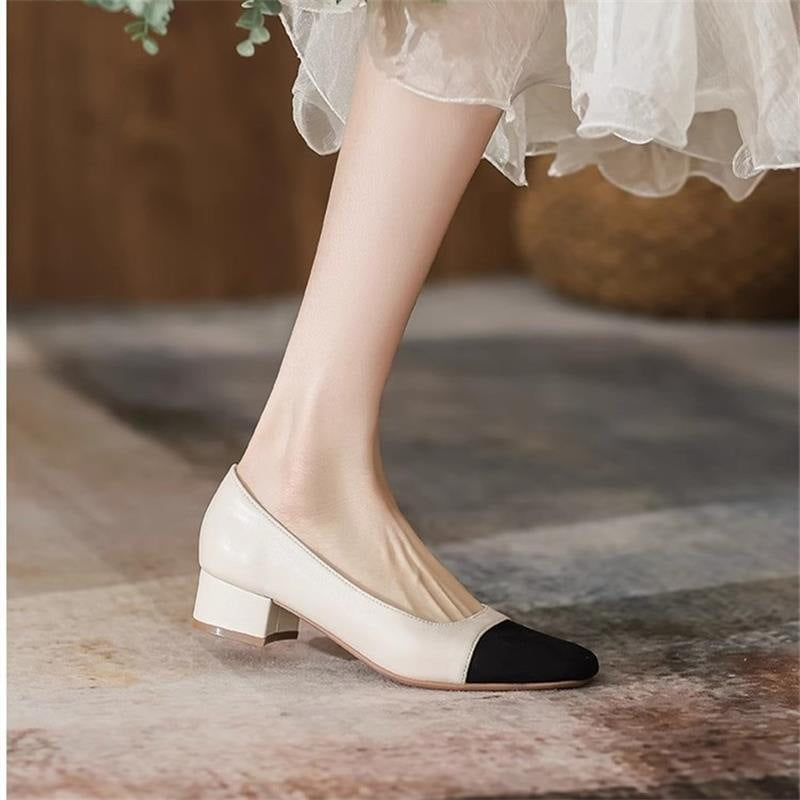 Franske bløde læder-patchwork Chanel-inspirerede pumps med blokhæl og firkantet tå til kvinder