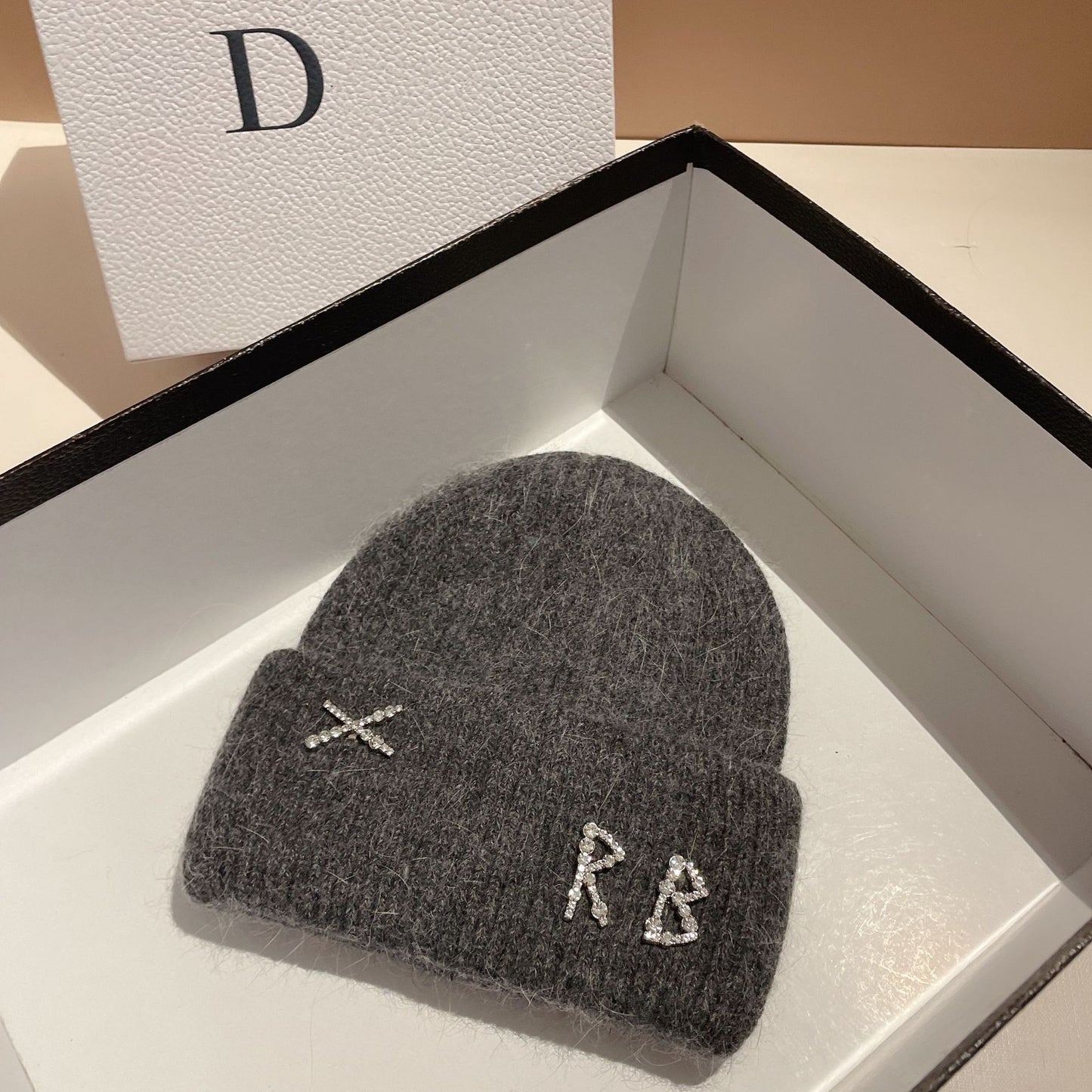Winter RB Letter Fashion Rabbit Fur Knitted Warm Hat Female
